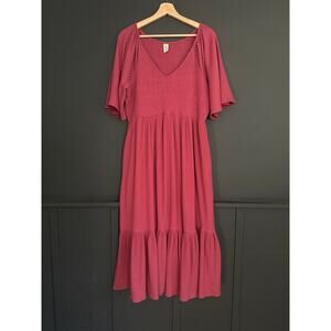 Kate Quinn Flutter Sleeve Smocked Ribbed Midi Dress with Pockets Blush Pink XXL